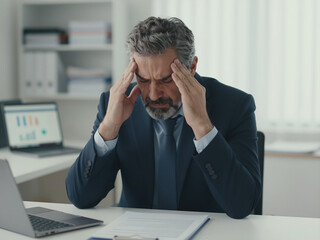 Stressed Mature Businessman Touching Temples With Headache While Sitting At Office Desk
