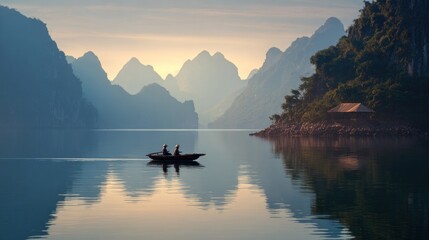 Boat on water with mountains
