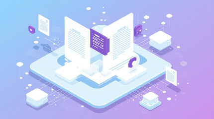 Digital illustration of open documents with data flow, showcasing modern technology and information exchange in a vibrant, abstract environment with geometric shapes and soft gradients