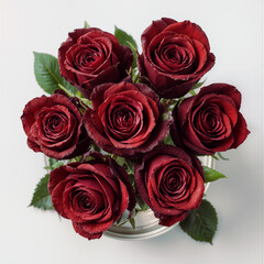 Obraz premium Descriptive: Overhead View of Deep Red Rose Bouquet in Vase on White Background created with Generative AI Technology, ai, generative 