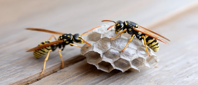 Close-up view of queen wasps on a nest with young and eggs surrounded by adult wasps on honeycomb structure