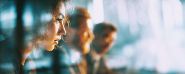 Focused professional woman with visionary leadership in office collaboration, showing perspective and determination