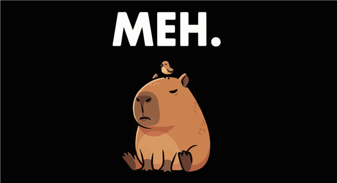 MEH - Funny Capybara with Bird on Head Indifferent Meme Graphic Illustration for T-shirt Design