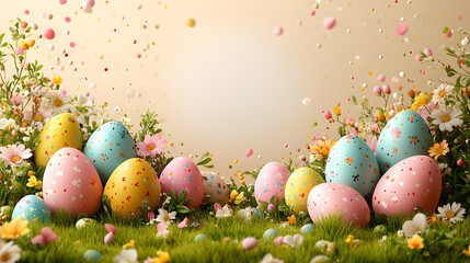 Colorful eggs are decorated and placed among flowers on a sunny day during an Easter celebration in springtime