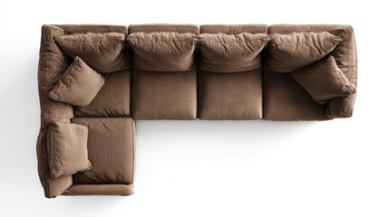 Brown sectional sofa with multiple plush pillows forming an l shape, viewed from directly above, highlighting comfort, modern modular design, and stylish contemporary living room furniture