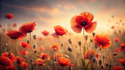 Fototapeta premium Vibrant red poppies bathed in the golden light of a breathtaking sunset, a stunning display of nature's beauty