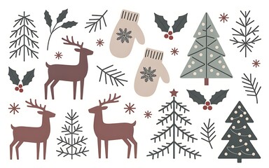 Fototapeta premium Christmas icons with reindeer and trees on white