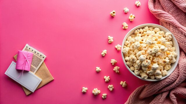 Cozy Night In  Popcorn, Gift, and a Note on a Pink Background