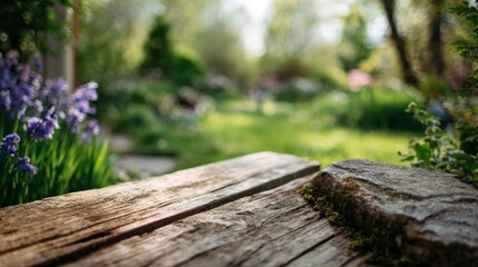 Rustic Wood Table in Lush Garden, Sunlight Dappled and Serene Setting