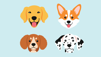 Fototapeta premium Collection of cute flat illustrations of four popular dog breed faces including a golden retriever, corgi, beagle, and dalmatian.