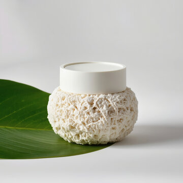 Product Photography of a Minimalist Cosmetic Jar Made of White Biodegradable Mushroom Mycelium (generative ai)