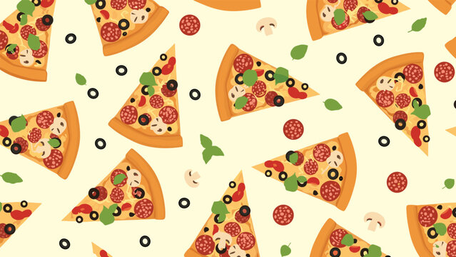 Seamless colorful pattern of delicious pizza slices with various toppings including pepperoni, olives, mushrooms, and fresh basil leaves.