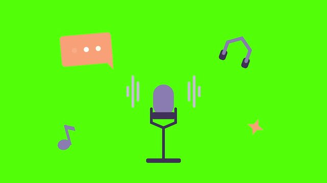Podcast Microphone with Icon: A vector illustration showcasing a microphone surrounded by audio-related icons, symbolizing audio recording, podcasting and communication.