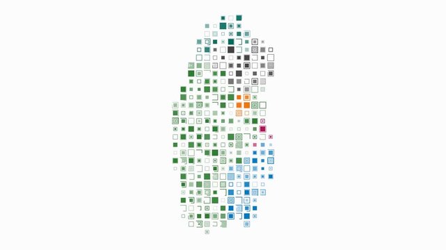 Qatar animated country shape. Pulsating colored dots on the map of the country. Large size square blocks. Digital style Qatar map on white background. Beautiful animation video.