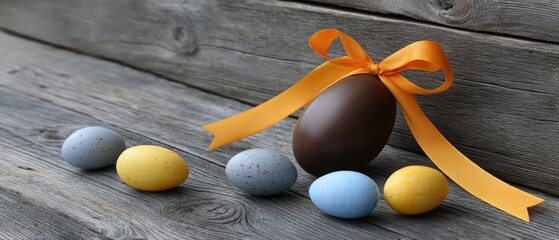 Chocolate easter egg with orange ribbon beside colorful chocolate eggs on wooden surface