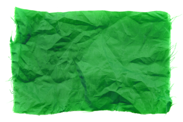 A piece of torn turquoise satin fabric on a white background. Isolate a crumpled piece of fabric