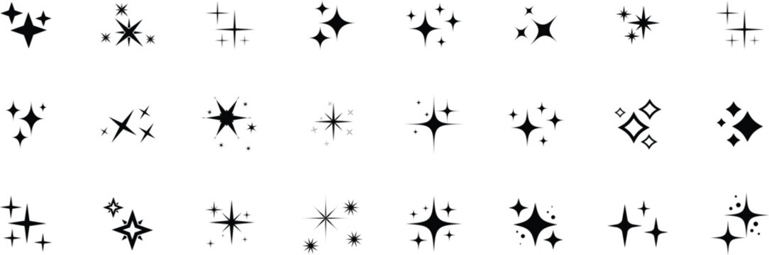 Shine icon set. Shining star icons, abstract sparkle black silhouettes. Set of twinkling star vector.