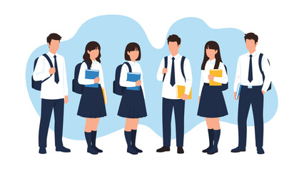 Obraz premium Group of diverse male and female students wearing white shirts and dark uniforms standing together with books and backpacks.