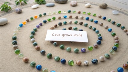 Marbles arranged in a spiral around a card with a message