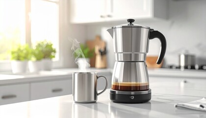 Espresso machine brewing coffee in bright kitchen showcasing modern design, functionality, and morning ritual appeal