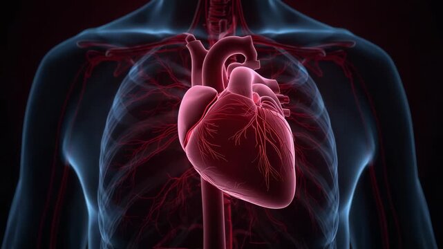 Animation starting, 3D heart pulsing and contracting in chest, showing coronary arteries and aorta