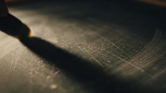 Chalkboard Surface : A detailed view of a hand erasing chalk marks on a well-worn chalkboard, leaving subtle traces behind, with a soft, natural shadow cast across its textured surface.