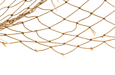 Torn Football or tennis net. Rope mesh on a white background close-up
