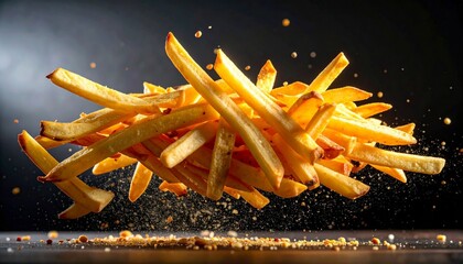 Golden French fries flying mid-air with seasoning against dark backdrop showcasing crispy texture and culinary energy