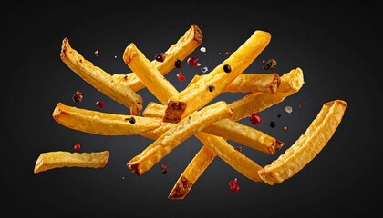 Golden French fries flying mid-air with seasoning against dark backdrop showcasing crispy texture and culinary energy