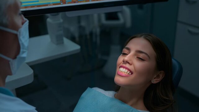 Walking in clinic, gloved dentist pulling lips checking teeth with mirror for exam, she smiling