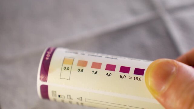 Close-up of Person Testing Urine with Medical Indicator Strip for ketone or glucose levels. Useful for diabetes management and health monitoring