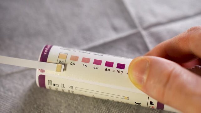 Close-up of Person Testing Urine with Medical Indicator Strip for ketone or glucose levels. Useful for diabetes management and health monitoring