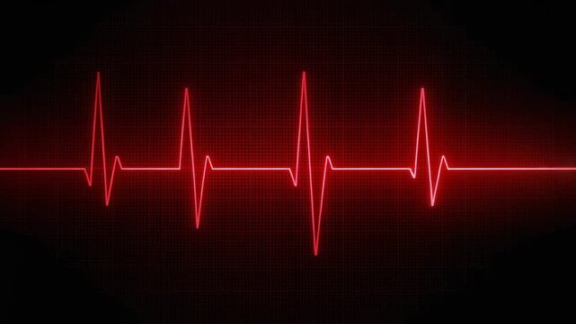 Pulsing red neon ECG trace showing initial spike sparking heartbeat, dark screen baseline grid glow