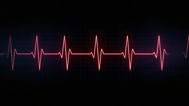 Pulsing ECG waveform shifting left across dark gridded display, new spike appearing on right side
