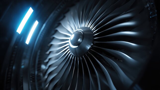 A close up view of a jet engine turbine fan