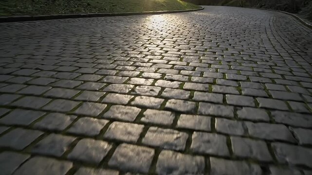 A captivating low-angle shot glides forward over a historic cobblestone path, bathed in the soft glow of sunlight. The rough texture of the ancient paving stones is highlighted by gentle reflections, 