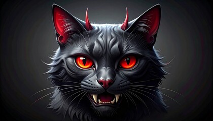 Demonic black cat with glowing red eyes and horns evoking fantasy, menace, and supernatural intrigue