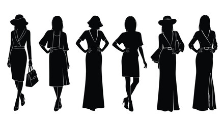 Silhouettes of fashionable women in various dresses and hats a style collection