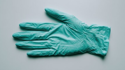 A single light green medical glove with a rolled cuff