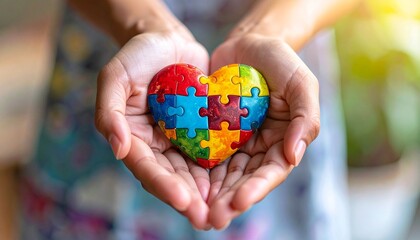 Heart-shaped puzzle held in hands symbolizing unity, diversity, and support with vibrant autism awareness colors
