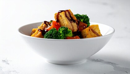 Stir-fried tofu with vegetables and sesame garnish showcasing healthy, plant-based cuisine and modern food styling