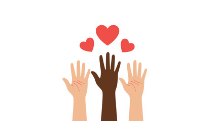 Obraz premium Hands of different skin tones reaching for hearts. Three hands of different skin tones reaching upwards towards three red hearts representing diversity, love, and unity.