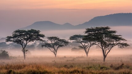 African Savannah Landscape at Dawn with Misty Air and Acacia Trees