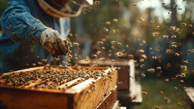 Beekeeper inspecting an open beehive as honey bees swarm around wooden frames in warm sunlight, showcasing traditional apiculture and pollinator activity
