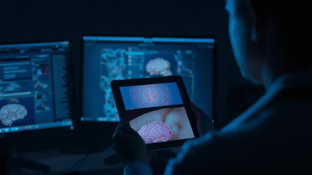 Comparing doctor in lab coat viewing tablet 3D brain render, matching scans on monitors, copy space