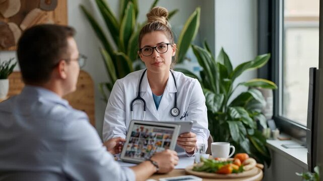 Viewing after patient holding tablet at window table clinician in labcoat advising care stethoscope