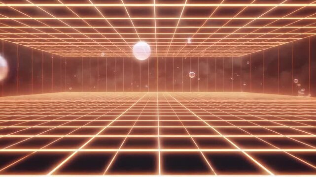 Showing retrofuturistic glowing grid chamber, sequence starting, spheres drifting toward panel wall