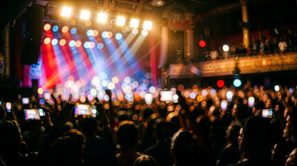 Blurred concert scene with enthusiastic audience raising phones in a vibrant atmosphere