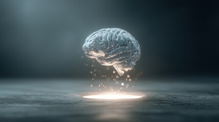 Luminous holographic brain with glowing neural network connections and particle trails soaring above reflective surface in futuristic setting