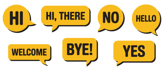 Speech Bubble Icons Set, colorful vector speech balloons with greeting words hello hi welcome yes no bye for social media © Jackie K. Penn